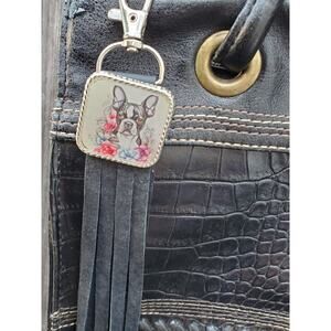 Handmade boho Boston terrier Gift Leather Fringe Western bag charm keychain